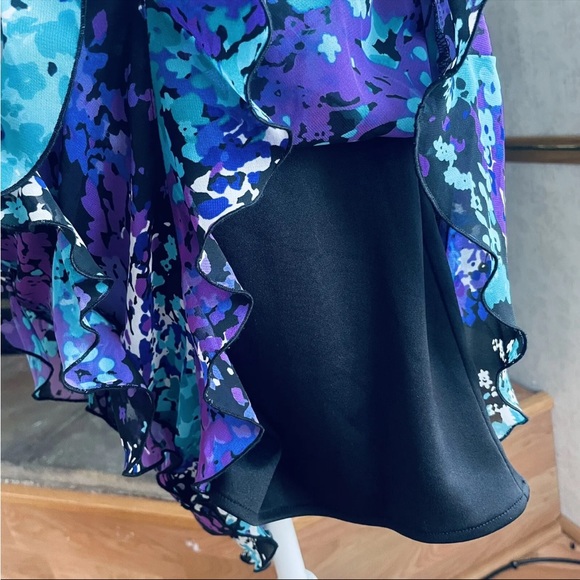 SL Fashions Purple Turquoise Floral Asymmetric Capelet mini Dress Chiffon Sz 6 - Picture 6 of 9